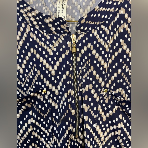 PerSeption Petite Navy Print Blouse, roll-tab sleeves, quarter zip, Women’s PS - Picture 4 of 7